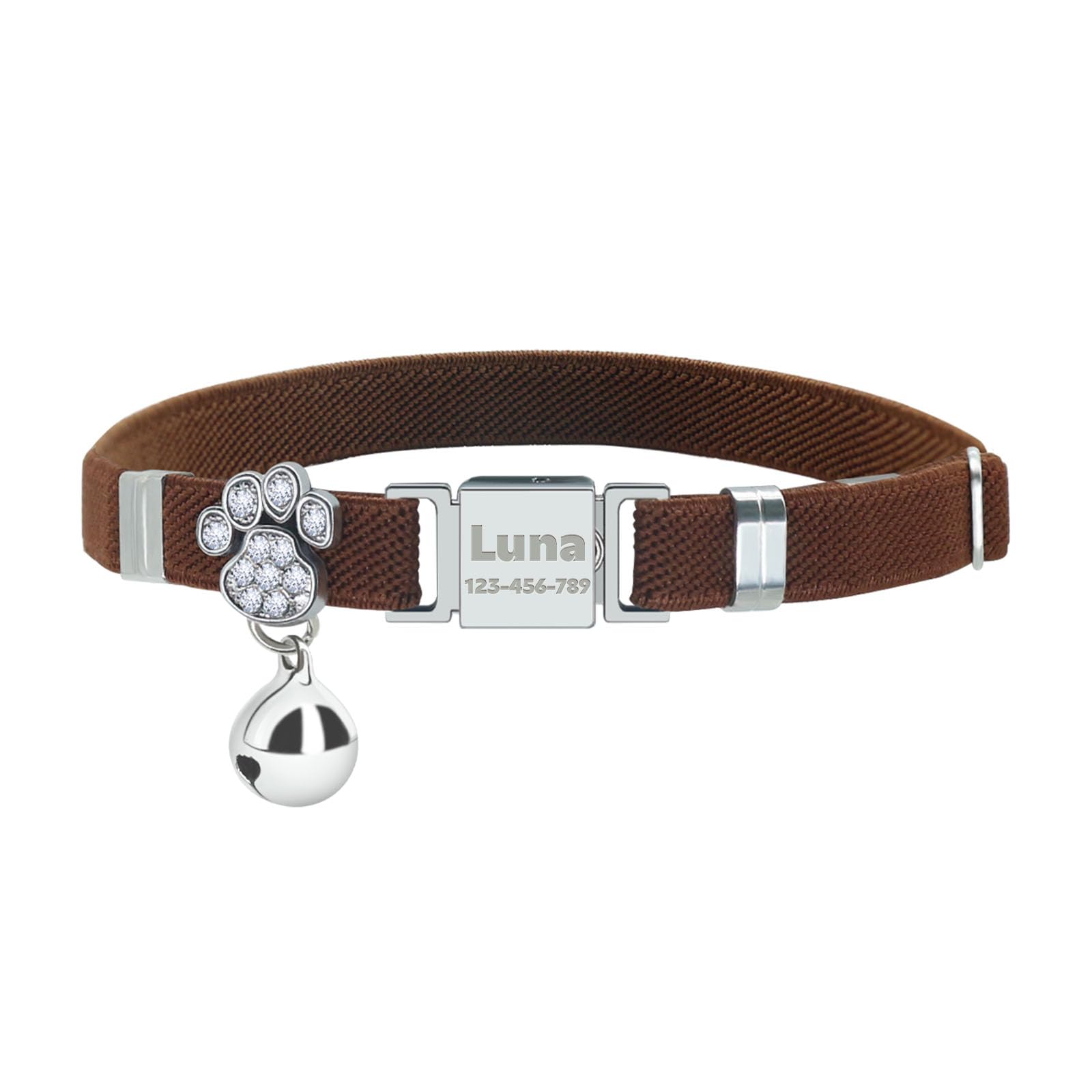 Personalized Safety Elastic Cat Collars with Bell,Laser Customized Stretch Kitten Collars for Girls Boys Cats-Chocolate