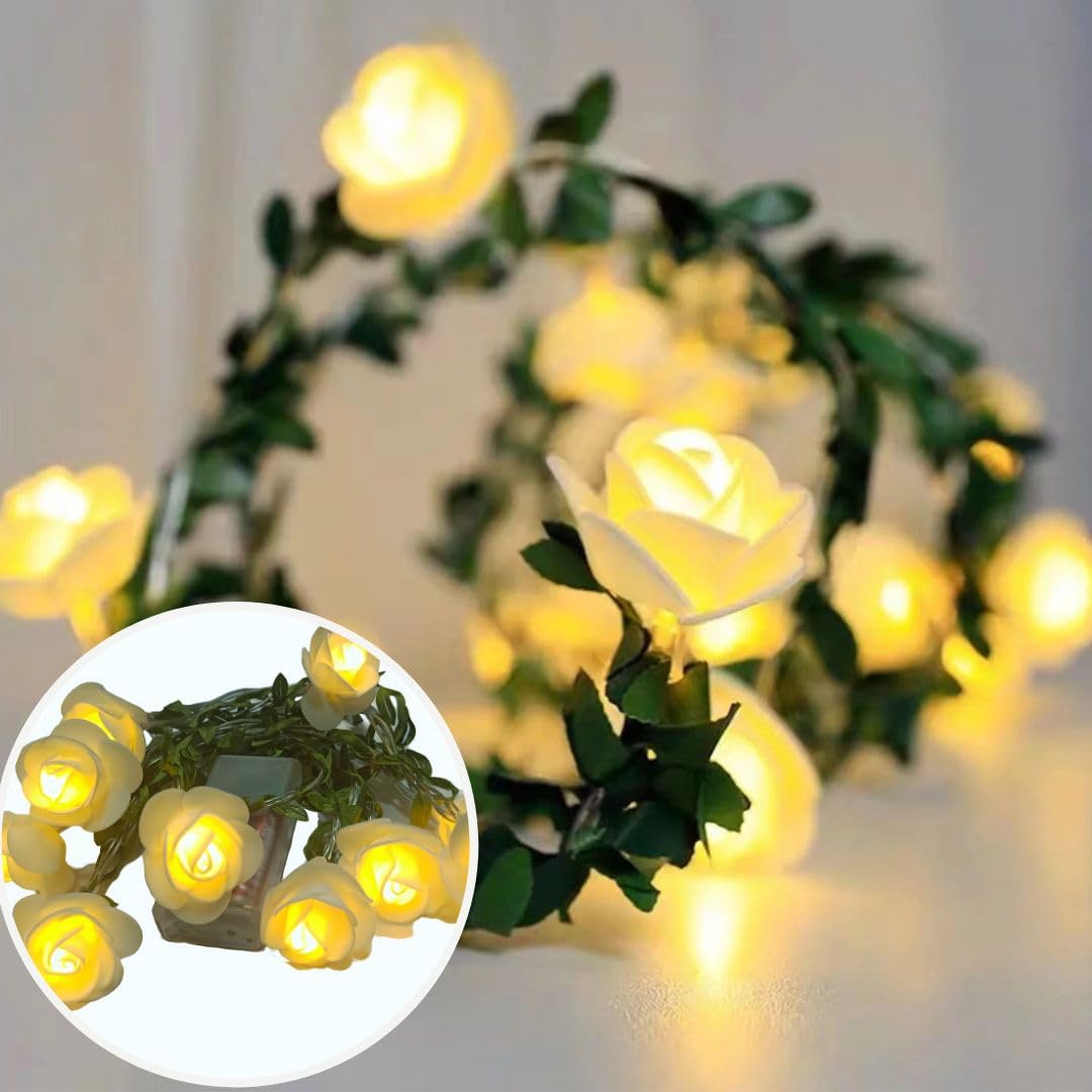 Meneon 10 LED Rose String Lights with Green Leaves, 2 Meter Length, Warm White Flower Fairy Lights, Battery-Powered Decorative Lights for Wall, Room, Window, Weddings, Birthday Party, Festival Decor-image-7