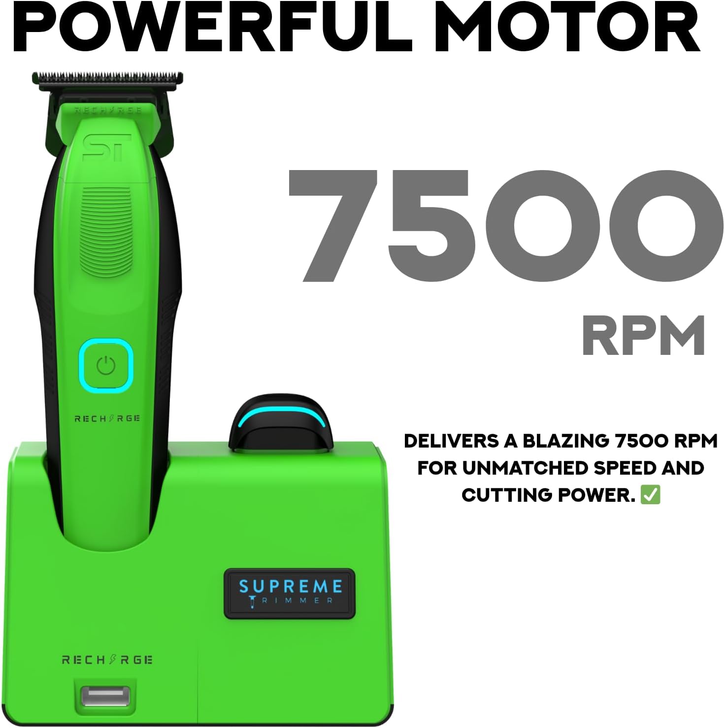 Close-up of the Supreme Trimmer Recharge ST777 highlighting its powerful 7500 RPM motor.