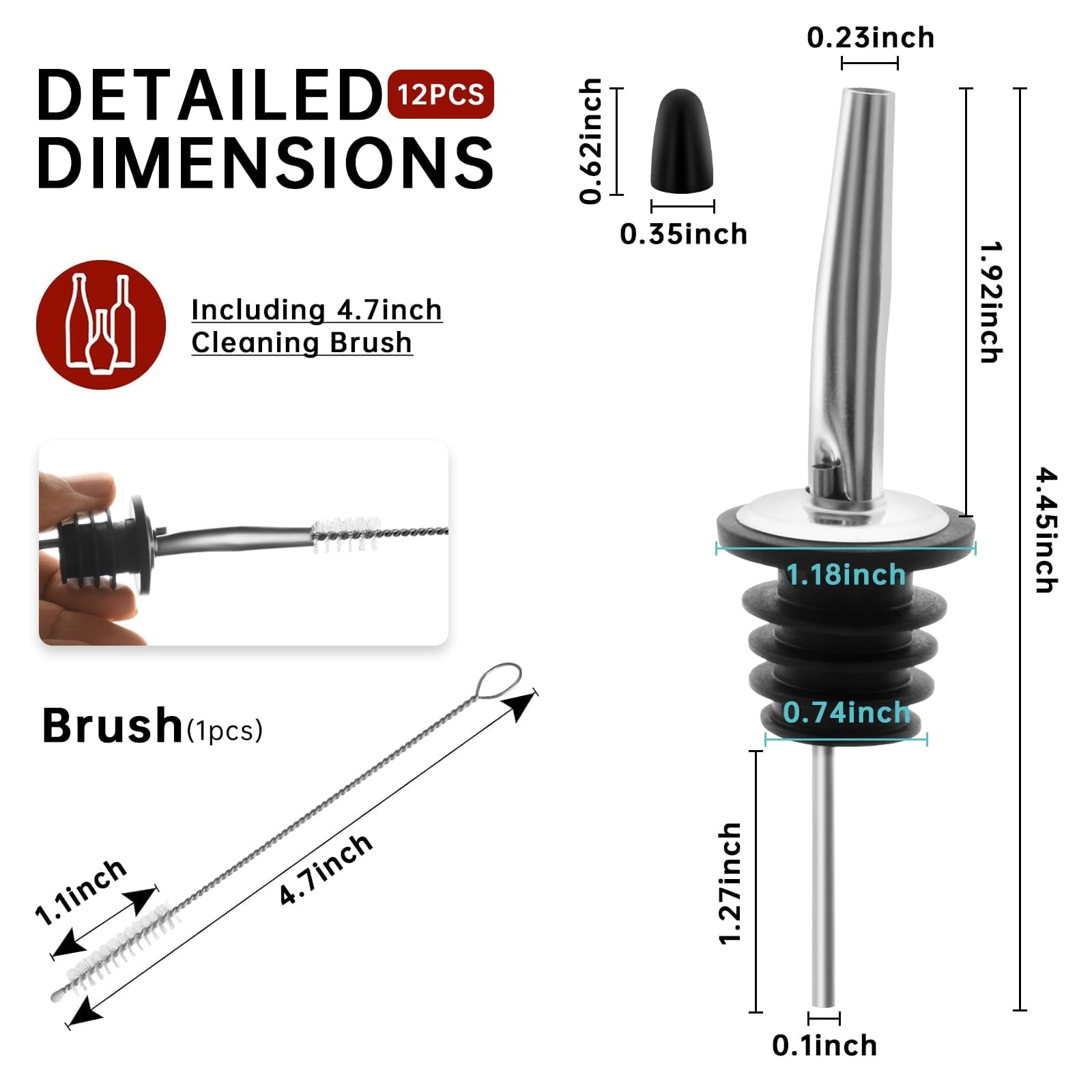 eispap Liquor Pour Stainless Steel Classic Bottle Speed Pourers with rubber Pour Spouts Cap Cleaning brush for Alcohol, Olive Oil, Liquor Pourers with Dust Caps, Speed Pourers (4)