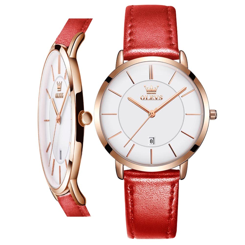 OLEVSWomen Wrist Watches Ultra Thin 6.5mm Minimalist Dress Fashion Leather Strap Quartz Waterproof Date Day Slim Watches for Ladies
