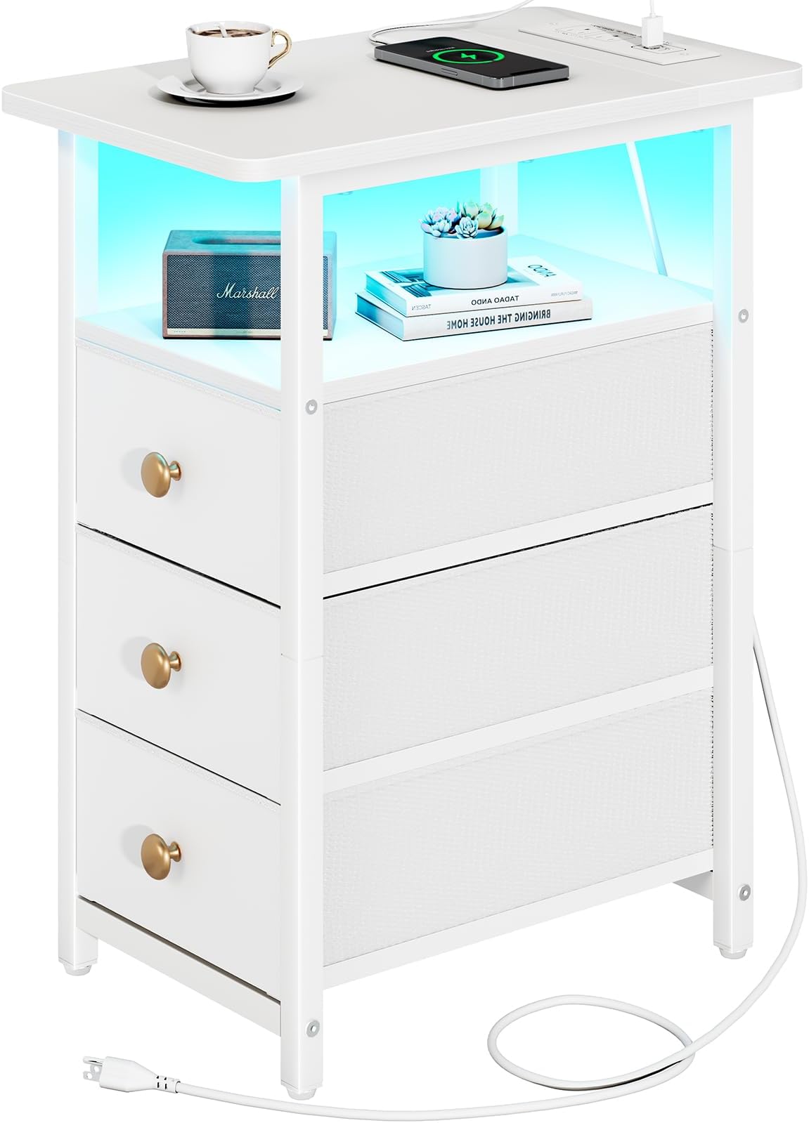 Yoobure End Table with Charging Station, Narrow Nightstand with LED, Small Nightstand, Nightstand for Living Room, Slim Nightstand with 3 Fabric Drawers, Tables