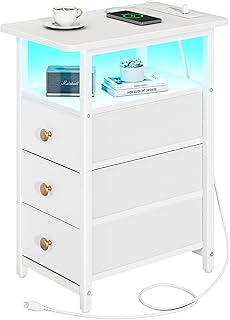 Yoobure End Table with Charging Station, LED Narrow Side Table Bedside T...