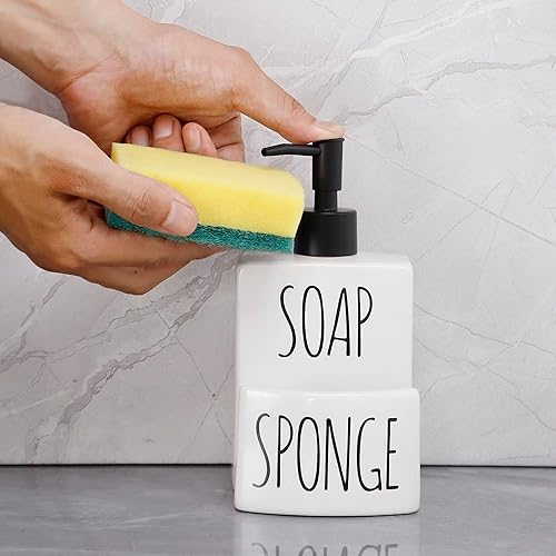 Miniatura 8 de Dispensador de jabón de cerámica con soporte para esponja, dispensador de bomba de jabón de encimera 2 en 1 para fregadero, utensilio de cocina