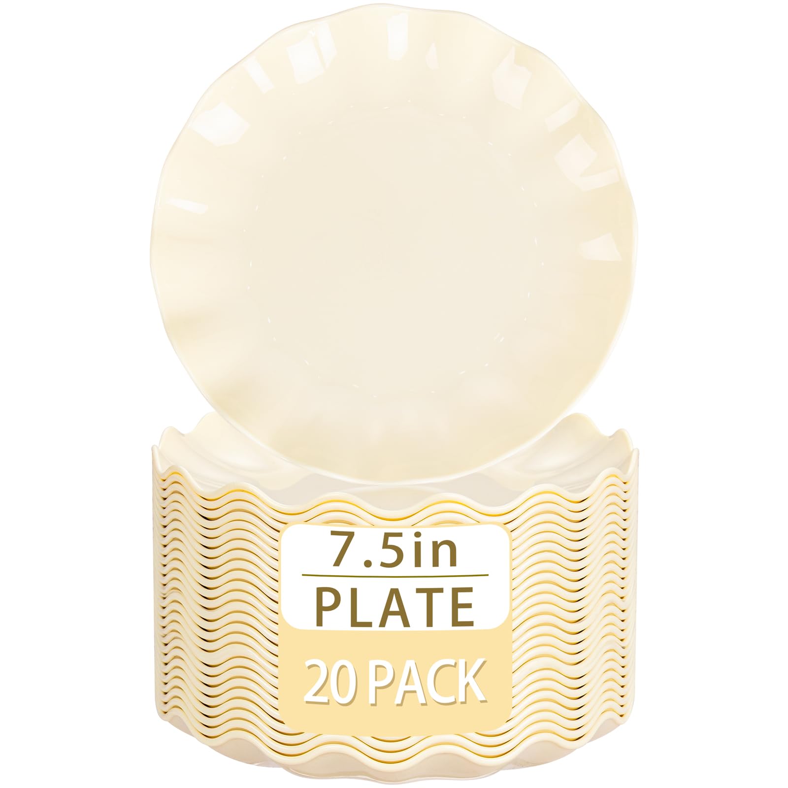 LIYH - 20 platos de plástico reutilizables, platos de postre de plástico irrompibles, plato festoneado para bodas, camping, fiestas, picnics al aire libre, aptos para lavavajillas, sin BPA, beige, 7.5