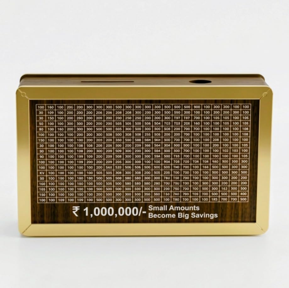 Image of 1 Lakh Savings Challenge Box, Wooden Money Saving Tracker with Goal Chart, Gullak, Brown Square Piggy Bank for Kids and Adults