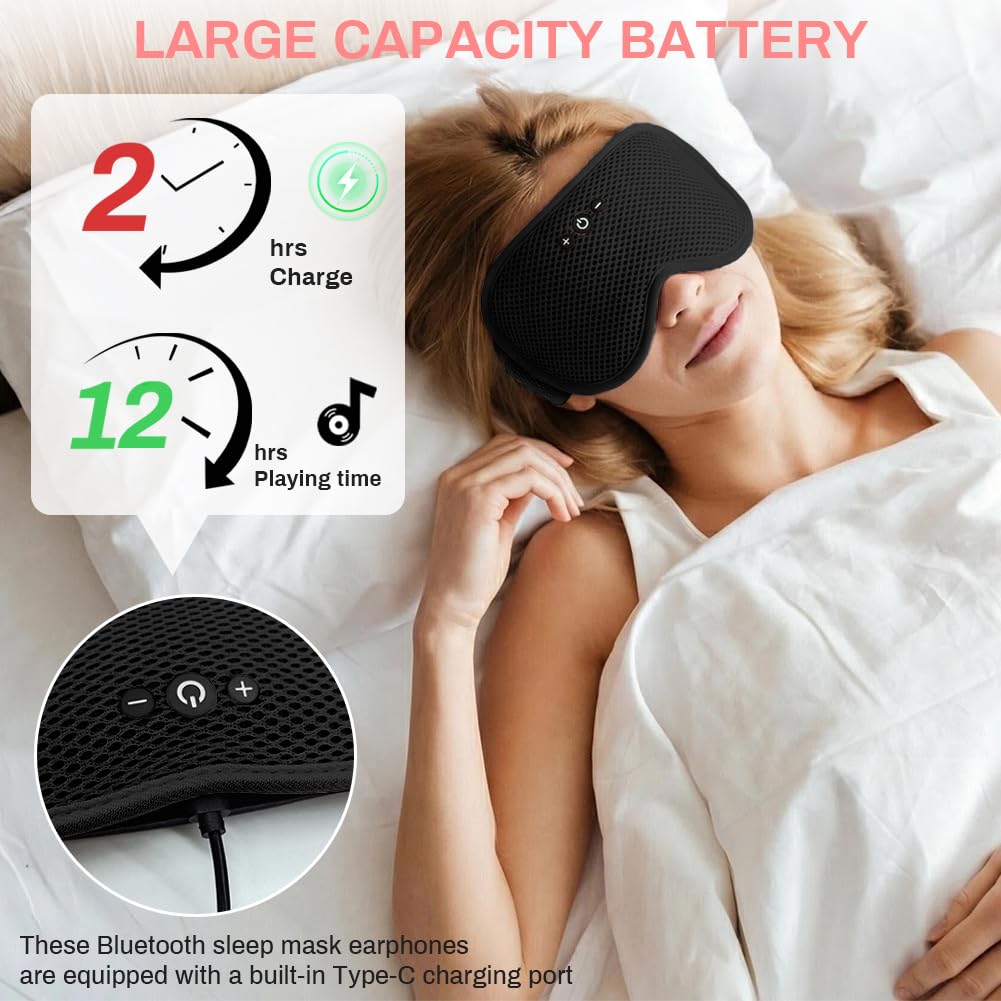 flintronic Maska na oczy Bluetooth – 3D, duża orbita, czarna