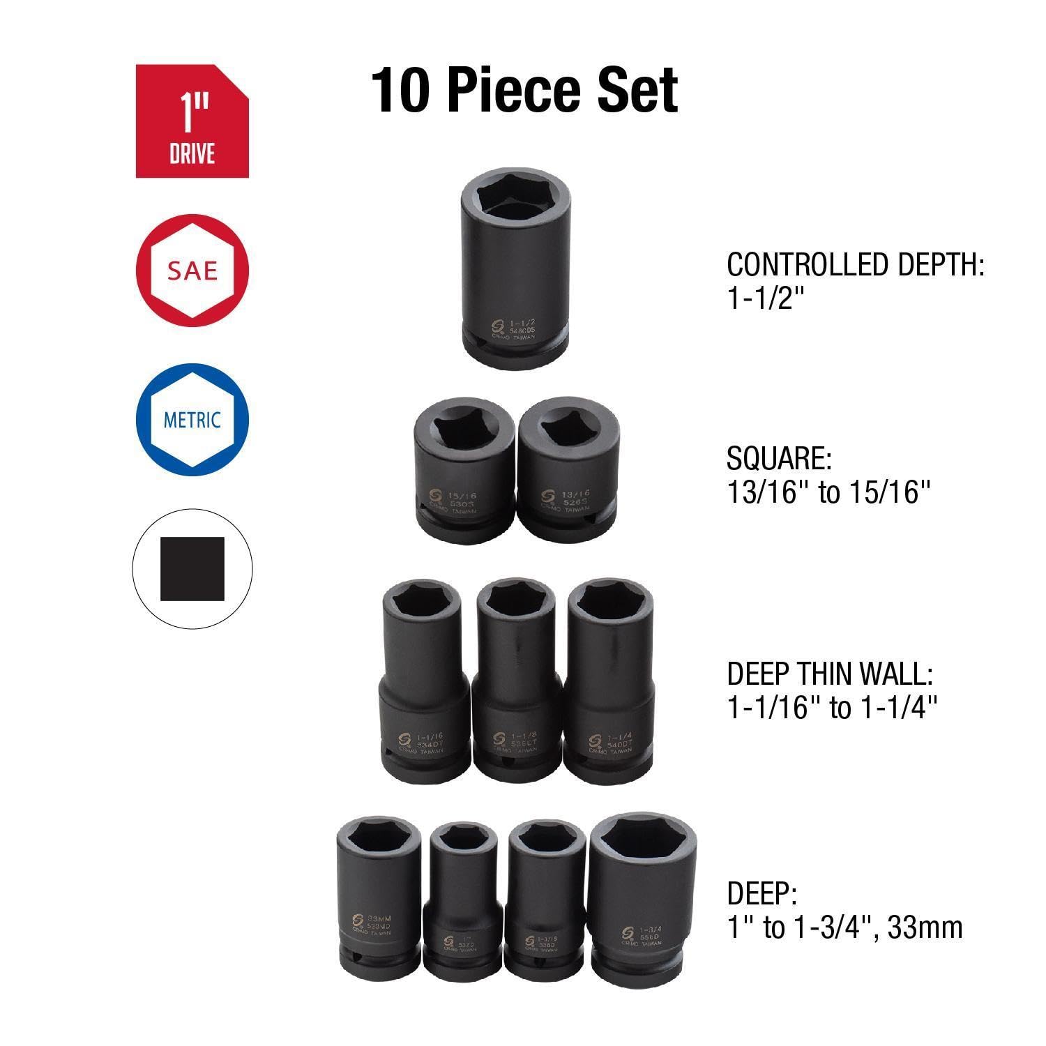 Sunex 5690 A 10 piezas 1 "Drive SAE/métricas Heavy Duty rueda de vaso de impacto Set