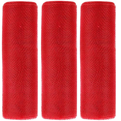 JStnana 3 Rolls Red Poly Burlap Deco Mesh Ribbon for Wreath Crafts 10 Inch x 30FT Per Roll Decorative Mesh Ribbon Wrapping Ribbon Rolls for Christmas Tree Valentines Day Wedding Wreath DIY
