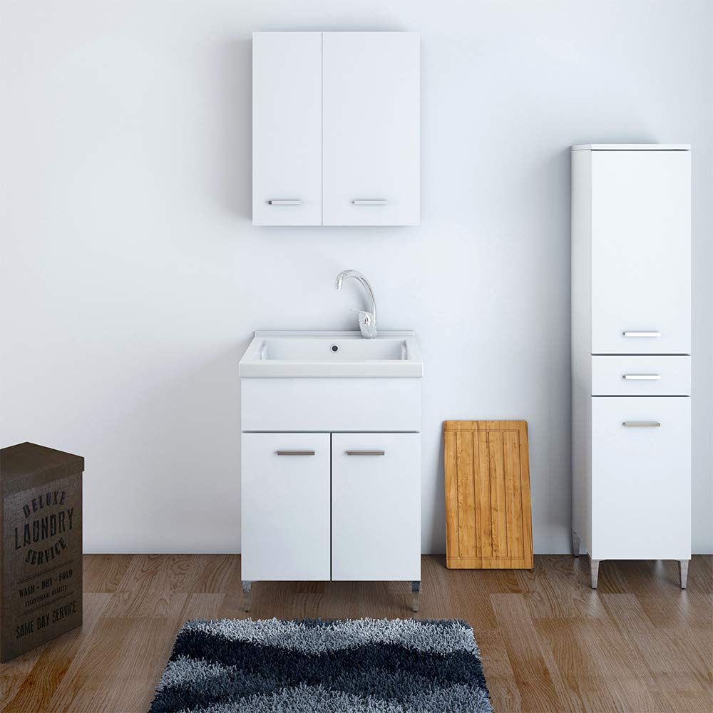 Inbagno Mobile Lavatoio, L.60xP.50xH.86.5, Bianco Lucido, Vasca in Ceramica con profondità 30 cm