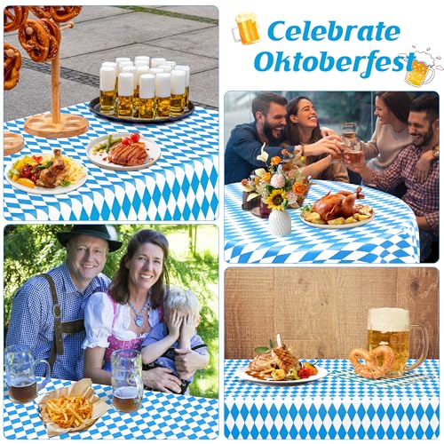 Image of 4 PCS Oktoberfest Decoration, 54 X 108 IN Blue White Checkered Plastic Oktoberfest Tablecloth, Disposable Rectangular German Theme Table Supplies, Bavarian Tablecover, Beer Tablecloth for Party Picnic