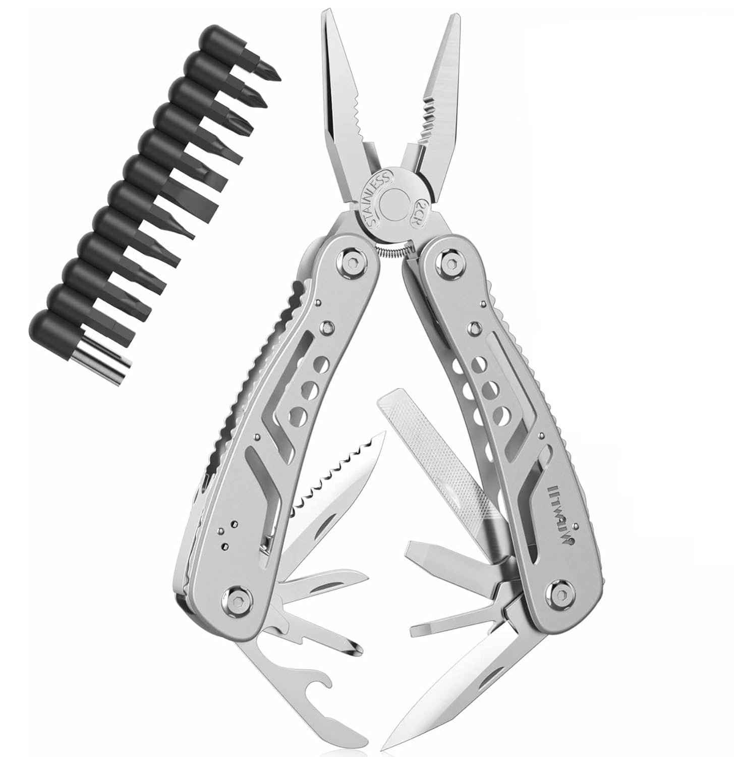 SOCHEP Stainless Steel Multitool 24-in-1 Pliers Tool Multi-Function, with 11 Screwdriver Bits, Safety Hook, Wire Cutter, Bottle Opener, Compact Folding Tool for Camping, Hiking, DIY, Gift-image-21