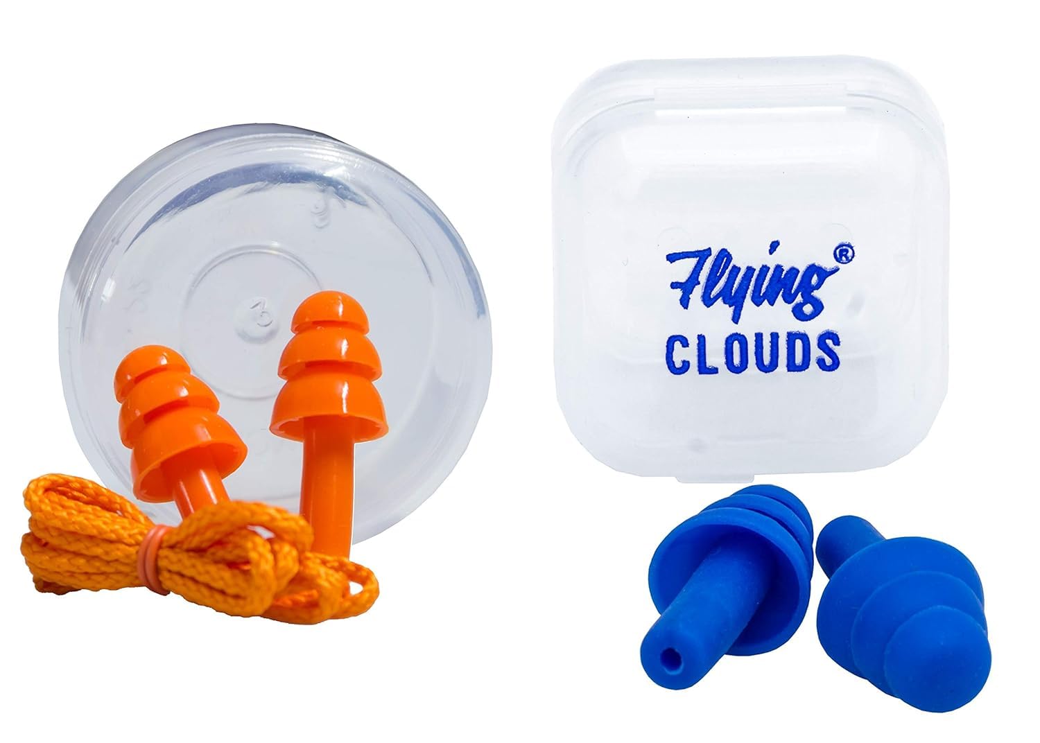 flying CLOUDS Soft Silicone Noise Reduction Ear Plugs for Sleeping, Meditation, Swimming adult and child, Combo Pack of 2 Pairs (4 units), Reusable Earmuff (blue + Orange (corded))