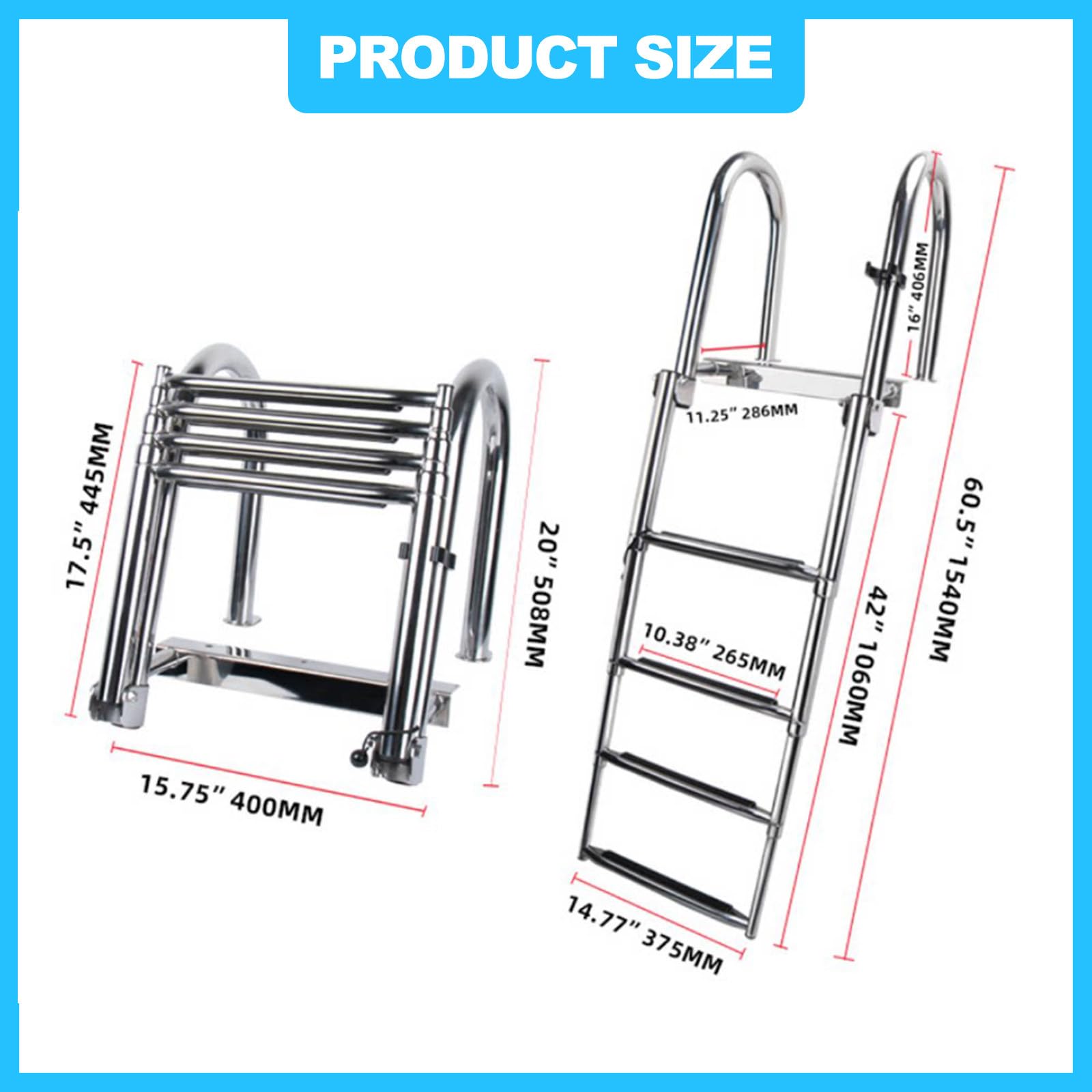 4 Gradini Scaletta Bagno Scaletta Barca Inox, Scalette Piscina Pieghevole con Corrimano E Ampia Pedaliera Ponte Galleggiante per Piscina/Piscina Barca, Ingresso Poppa Marina