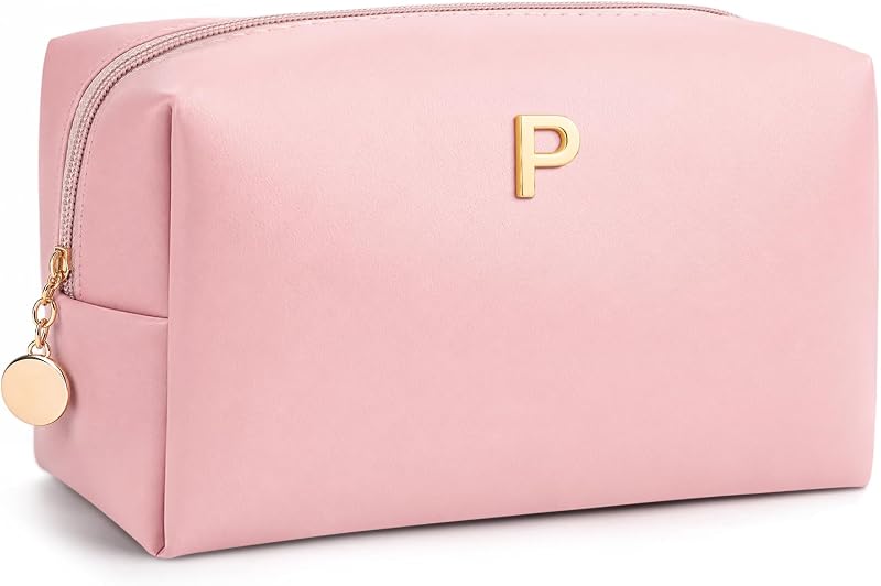 Necessaire de maquiagem personalizada com inicial YQHDT, bolsa de cosméticos em couro sintético rosa