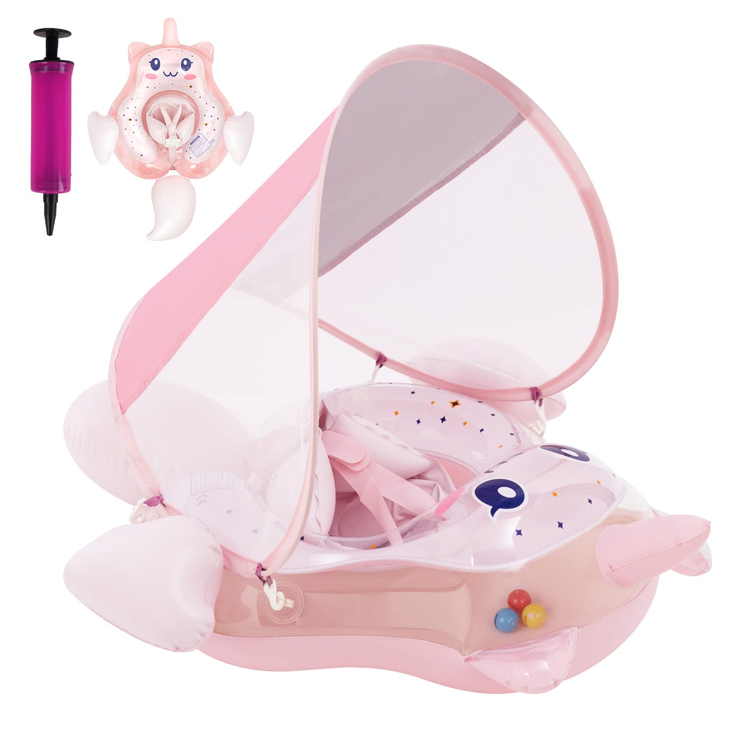 Unicorn Baby Swimming Float, Inflatable baby pool float for 3-36 Months, Baby Swimming Ring with UV Sun Protection Canop and Manual Pump, Baby Swim Float with Safe Seat for Newborn Baby Learn to Swim