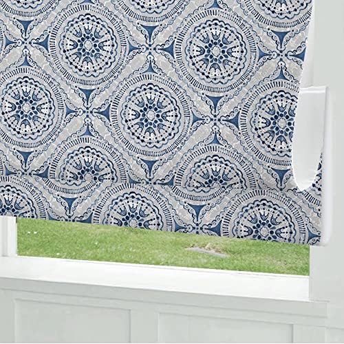 Cordless Roman Shades Window Shades, Blue Pattern Blackout Light Filtering Custom Window Roman Blinds, 10% Linen Fabric Roman Shades for Windows, French Doors, Doors, Kitchen Windows