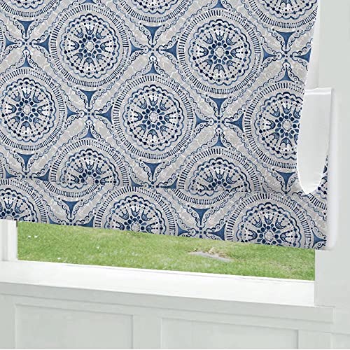 Cordless Roman Shades Window Shades, Blue Pattern Blackout Light Filtering Custom Window Roman Blinds, 10% Linen Fabric Roman Shades For Windows, French Doors, Doors, Kitchen Windows #TOP1