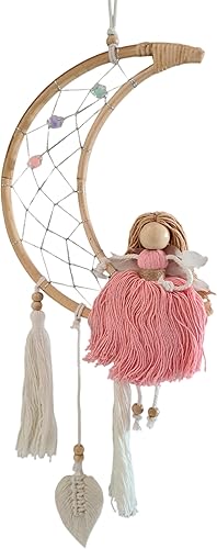 Atrapasueños de ángel luna, decoración de habitación de ángel luna de macramé, decoración de pared de ángel luna con estrellas, arte de pared hecho