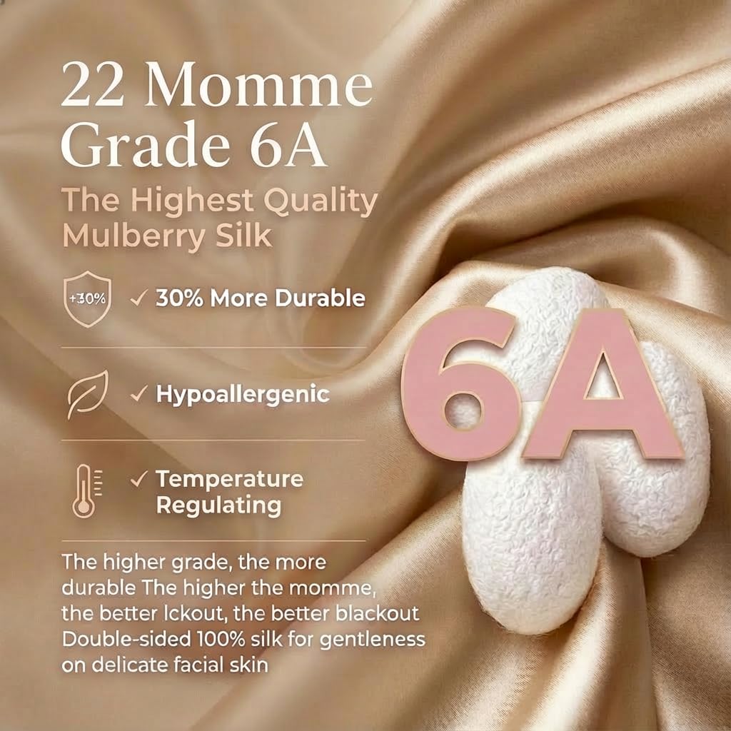 MATASSE Masque de Nuit Soie de Mûrier 100% 22 Mommes Grade 6A – Profilé 3D 14mm, Bandeau pour les Yeux Homme et Femme, Sangle Réglable – Noir/Champagne