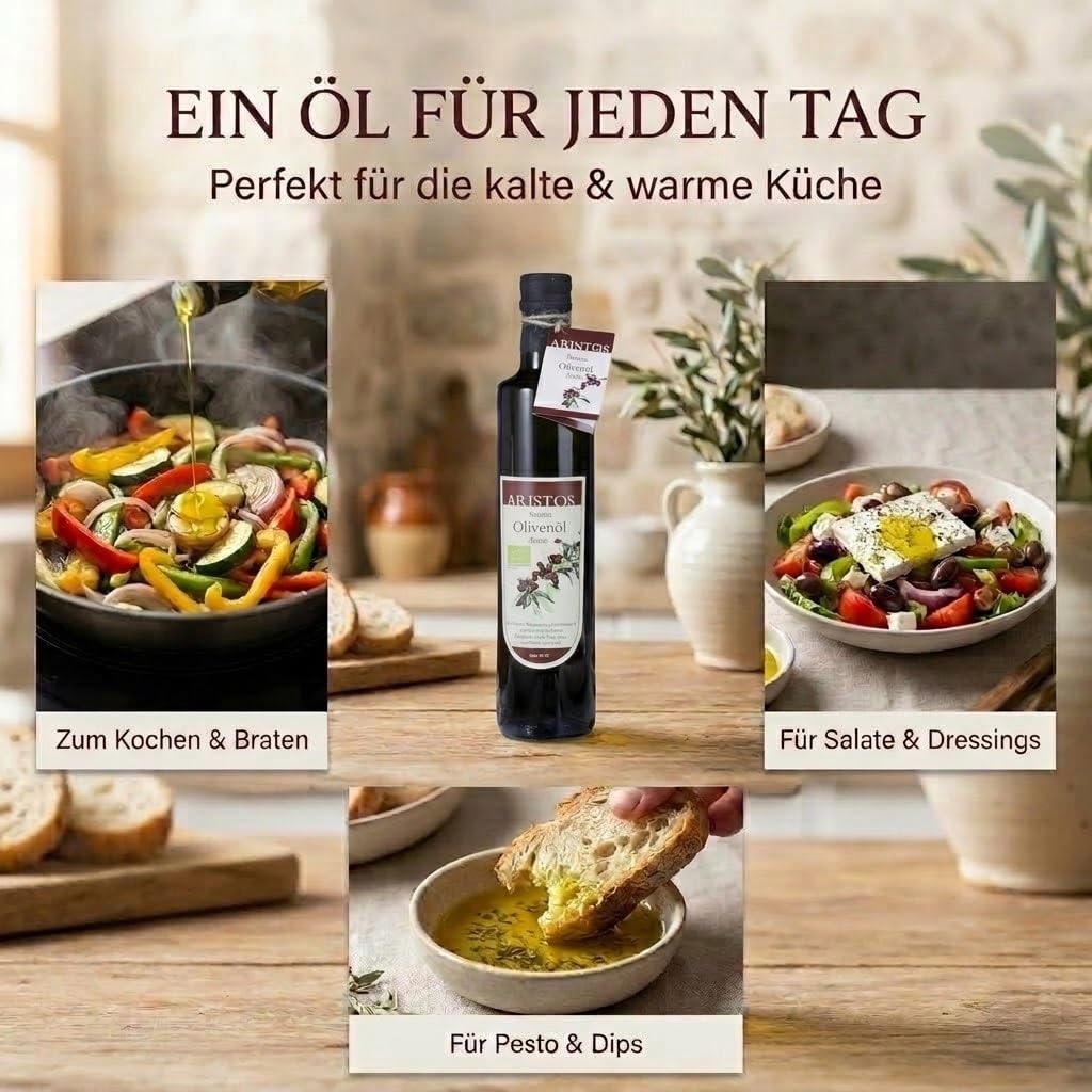 ARISTOS Bio-Olivenöl nativ extra, kaltgepresst – 3x 500 ml Koroneiki-Olivenöl naturtrüb, direkt vom Erzeuger - Premium-Qualität, handgeerntet, ungefiltert, vegan & nachhaltig - Griechenland (Messinia)