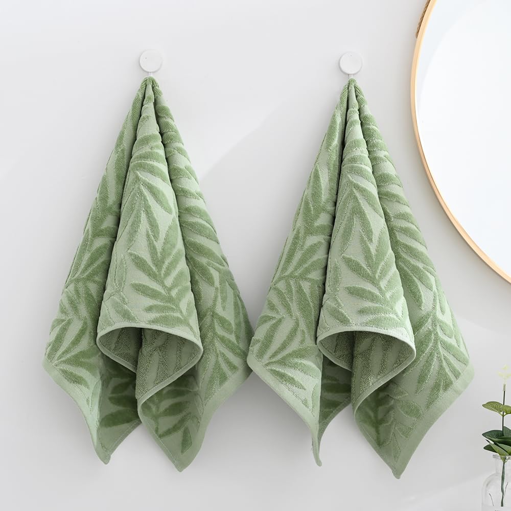 sense gnosis Green Hand Towel Set of 2 Full Embossed Velvet Salix Leaves Pattern Super Soft 100% Cotton Highly Absorbent Spring Decorative Jacquard Weave Hand Towels for Bathroom Home 13x 29 Inch - Image 4
