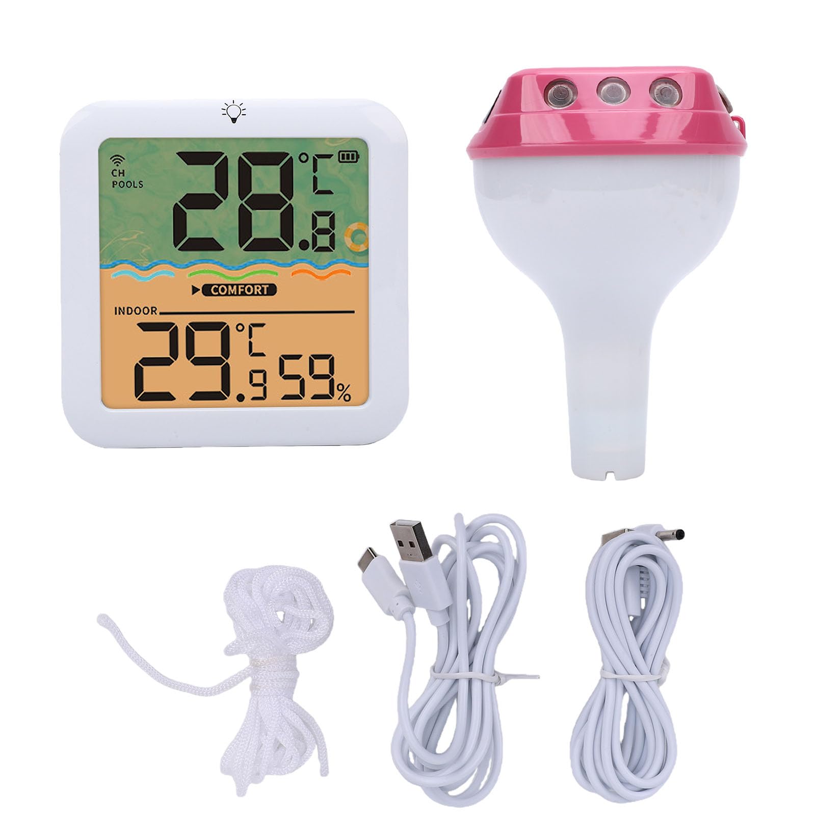 Bewinner Termómetro de Piscina Flotante con Energía Solar con Luz RGB, Termómetro Digital Solar Inalámbrico IP68 de Alcance de 328 Pies, Pantalla de Humedad Interior para Usuarios de (rojo)