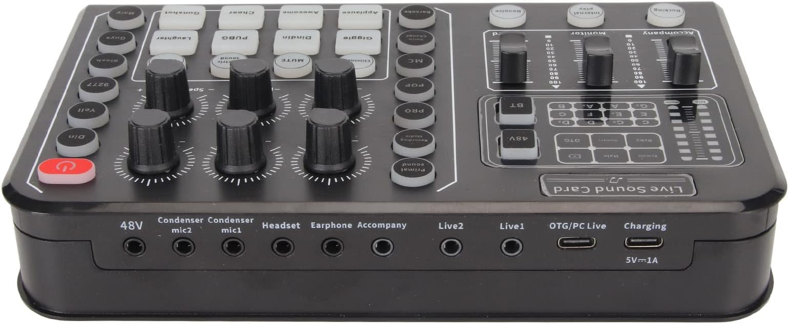 DenashSmall Live Sound Card,48V Large Diaphragm Noise Cancelling Sound Mixer Board with 15 Sound Effects for Phone