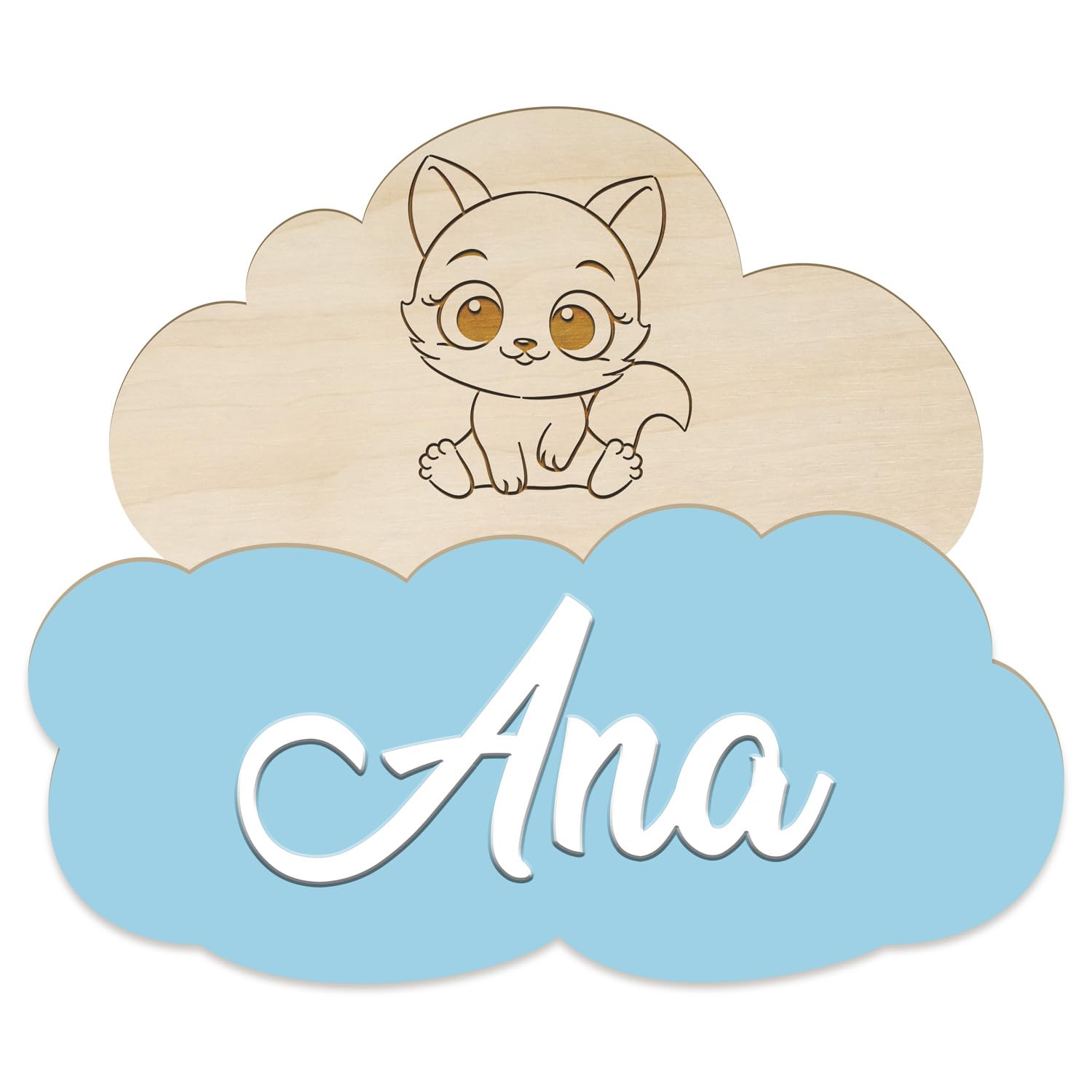 Nombre Decorativo Infantil de Madera Personalizado, forma de nube de 30x25cm, para decorar habitaciones, paredes y puertas. Regalo original para nacimientos, cumpleaños, comuniones y bautizos