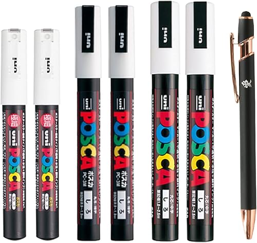 Posca - Marcador de pintura Mitsubishi, póster de color blanco, 6 rotuladores PC-1M PC-3M PC-5M 2 de cada uno con adhesivo Kanji LOVE (5.6 x 3.9 x
