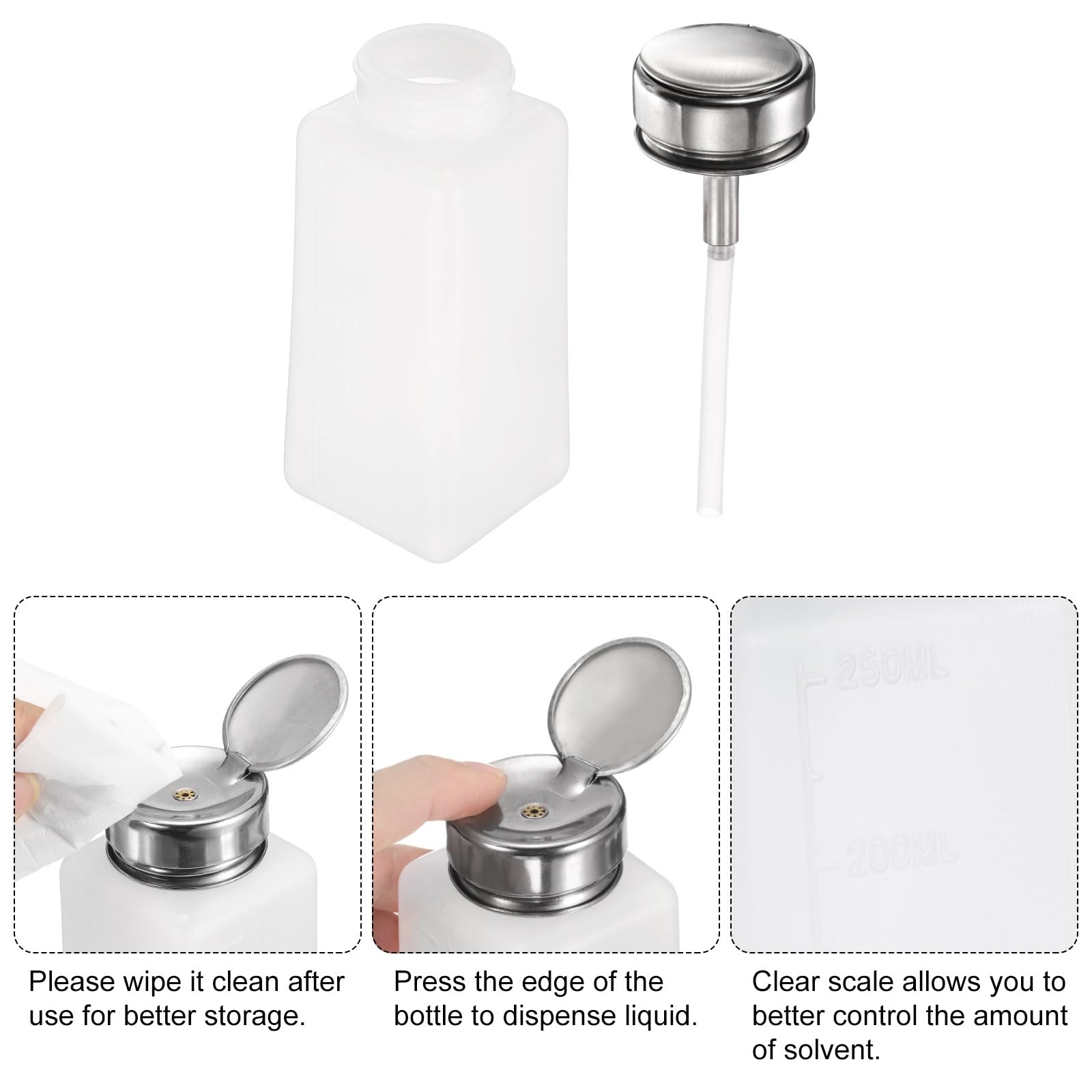QUARKZMAN 5Pcs Dispensatore Alcol Solvente 250ml(8.5oz) Bottiglia Dispenser A Pressione Per Smalto Unghie Con Testina In Acciaio Inox Per Soluzione Acetone, Bianco