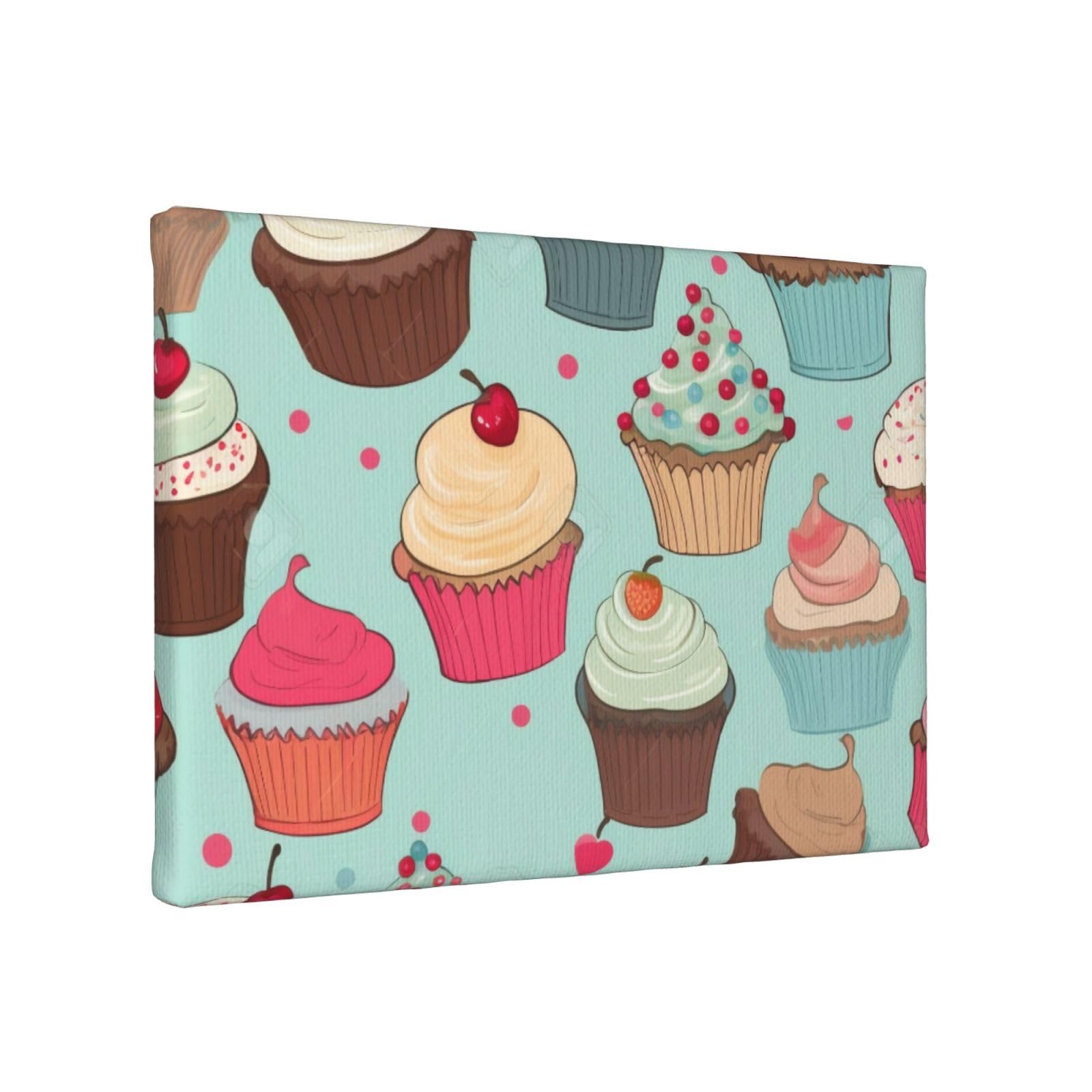 YKLJG Cupcake Pattern Printed Wall Art Canvas Painting 30x20 CM Wooden Framed Picture Painting Artwork Prints for Bedroom Kitchen Home Office Decor