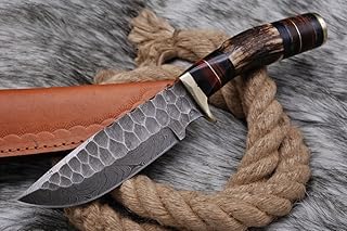Beautiful Damascus Steel Knife Hunting With Purple Resin and Brass Guard Handle with Leather Sheath