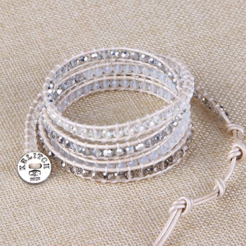 Kelitch Women Gray Clear Crystal Bracelets Beaded 5 Wrap Bracelet Handmade Love White Leather Strand Bracelets New #TOP5