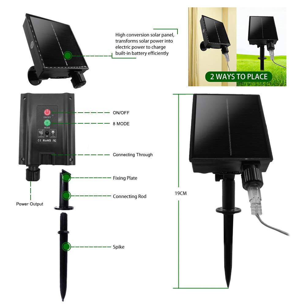 Luci a rete da giardino a rete, 200 luci a LED, 3 m x 2 m, ad energia solare, con telecomando e timer, decorazione per interni ed esterni, per tende, camera da letto, vacanze, Natale