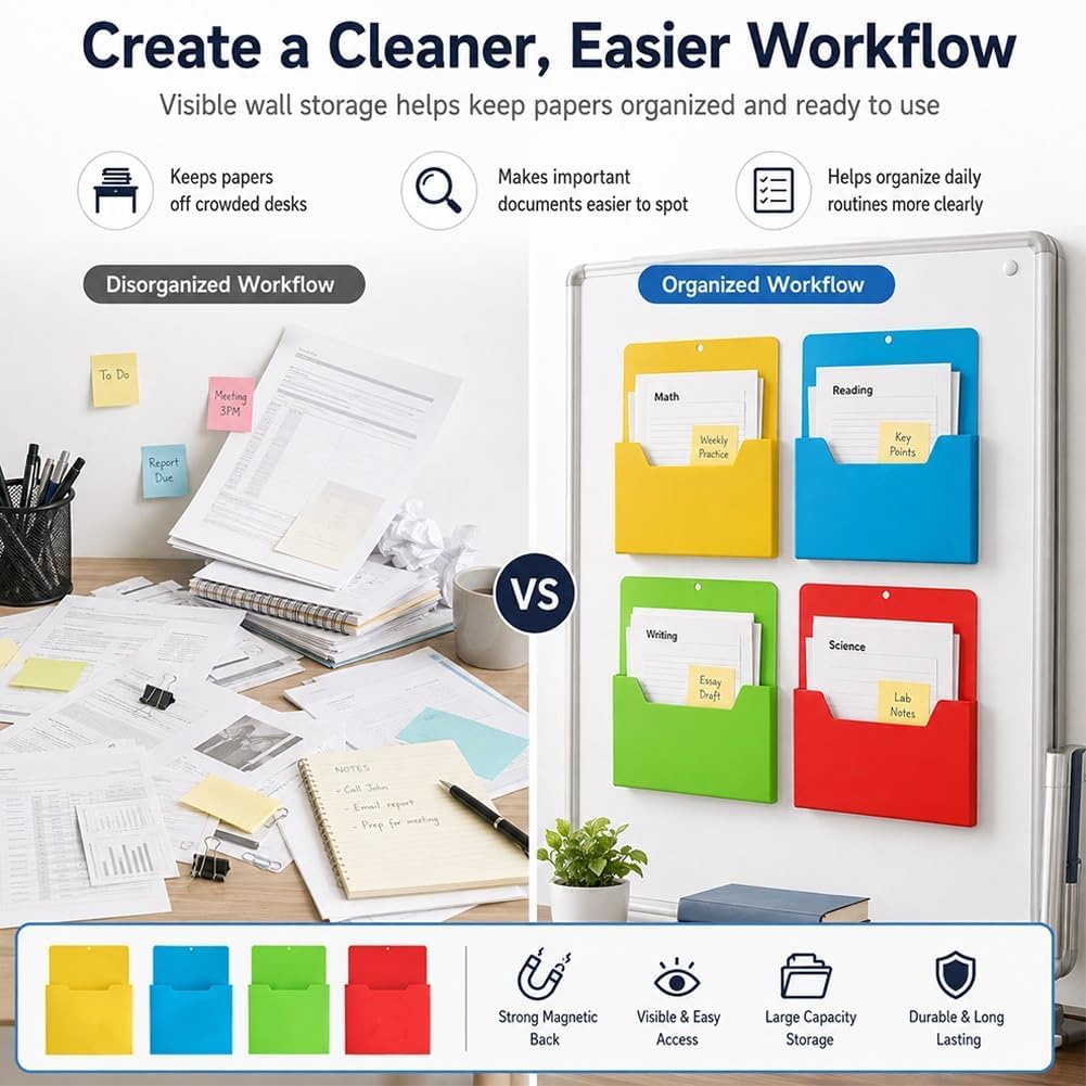 Set da 4 portadocumenti magnetici – Organizer impermeabile formato A4 da appendere senza fori; supporto magnetico per posta, lettere e riviste per frigorifero, armadietto, lavagna, parete, ufficio e a