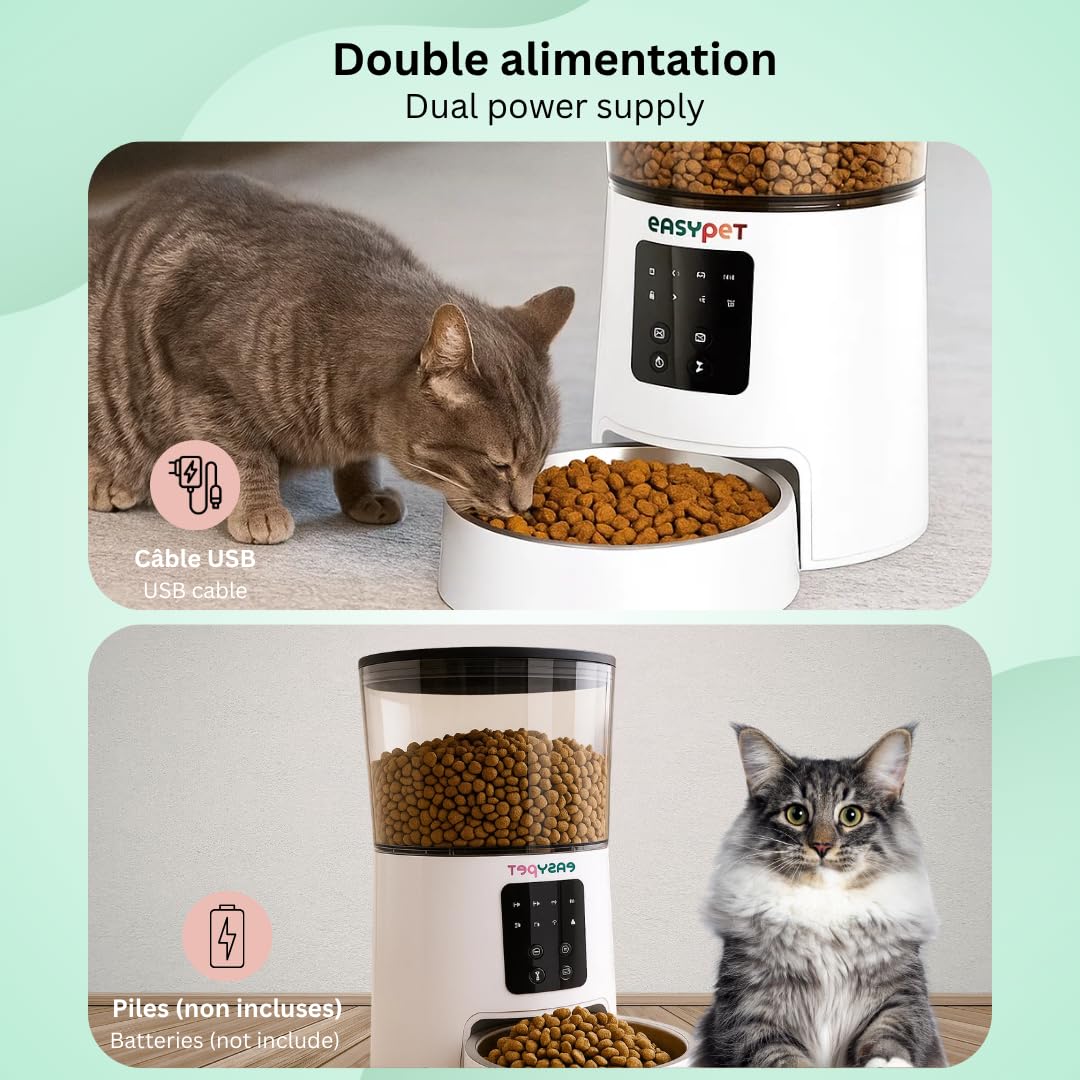 Dispensador automático de croquetas 4L – Programable de 3 a 6 comidas/día, cuenco de acero inoxidable extraíble, control de porciones, alimentación USB o pilas, para perros y gatos