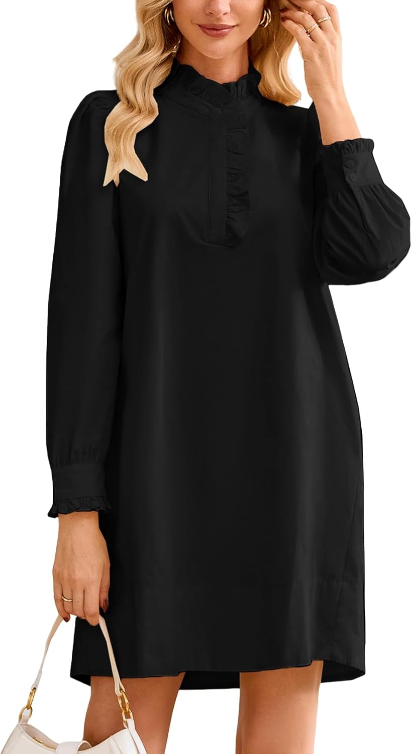 Women's Puff Long Sleeve Stand Ruffle Collar Mini Dress Casual A Line Shift Dress with Pockets