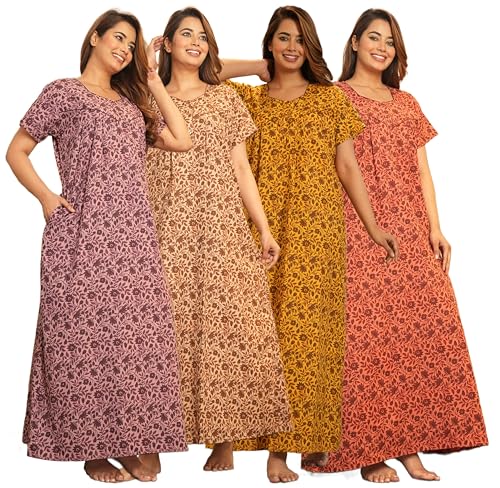 Image of G4Girl Women's Regular Nighty Rajasthani Nighty Rajasthani Gown Jaipuri Nighty Jaipuri Gown Maxi Gown with Pocket - (Combo)