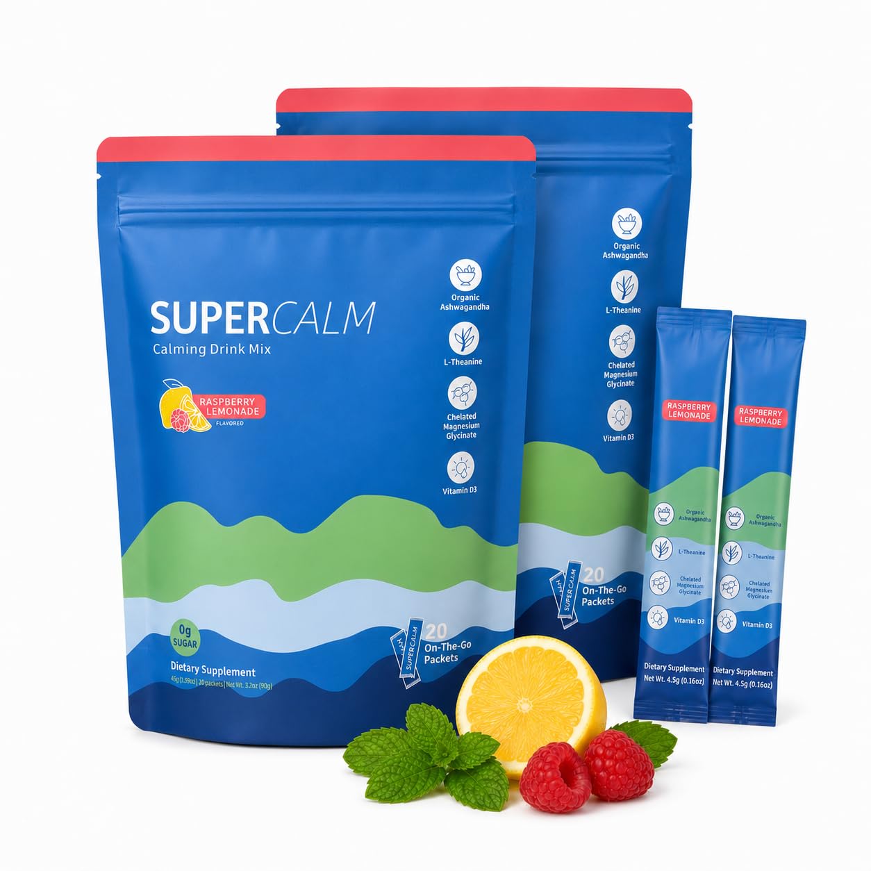 SuperCalm Cortisol LOT de 2 Anti Stress | Formule Ashwagandha, L-Theanine + Magnésium Glycinate & Vitamine D3 | Apaise le stress quotidien | 0 Sucre Goût Framboise 100% naturel | Routine simple