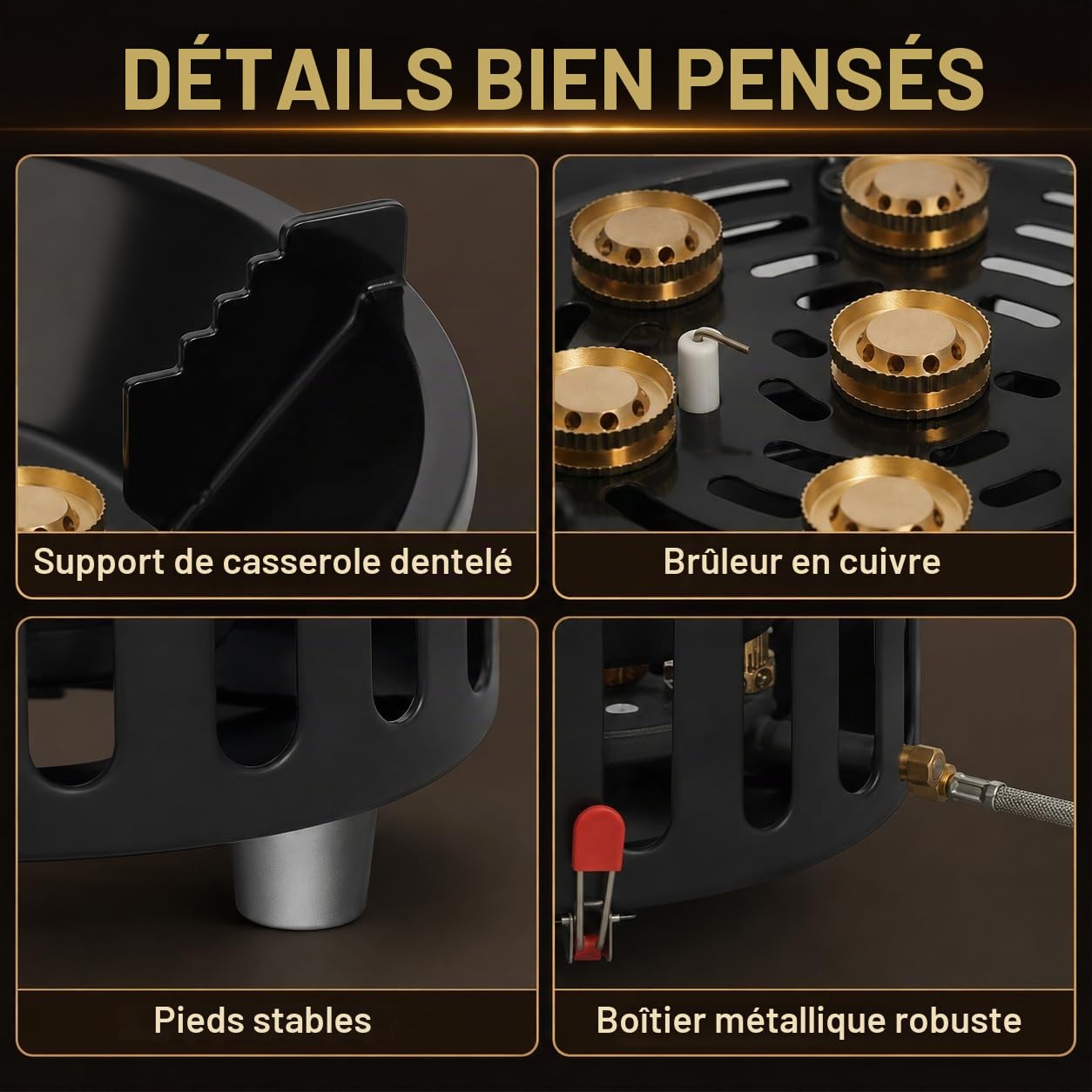 Réchaud de camping 21000 W, portable, avec 3 adaptateurs pour propane et butane, cuisinière à gaz d'extérieur légère avec allumage électronique, idéal pour les randonnées, la randonnée et le camping