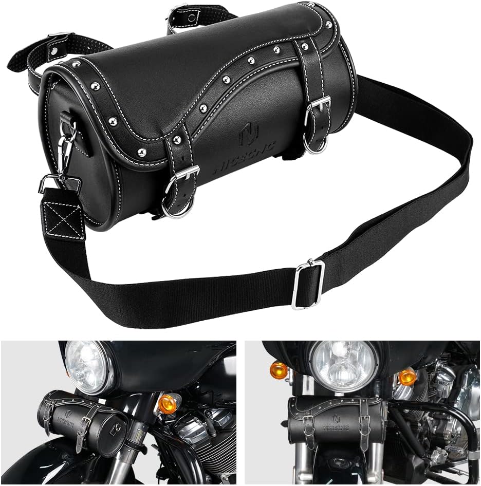 Motorcycle Front Fork Bag, NICECNC PU Leather Motorcycle Handlebar Bag Universal Motorcycle Tool bag Motorcycle Sissy Bar Bag Motorcycle Saddle Bag with Reinforced Straps Waterproof bag, Black : Automotive