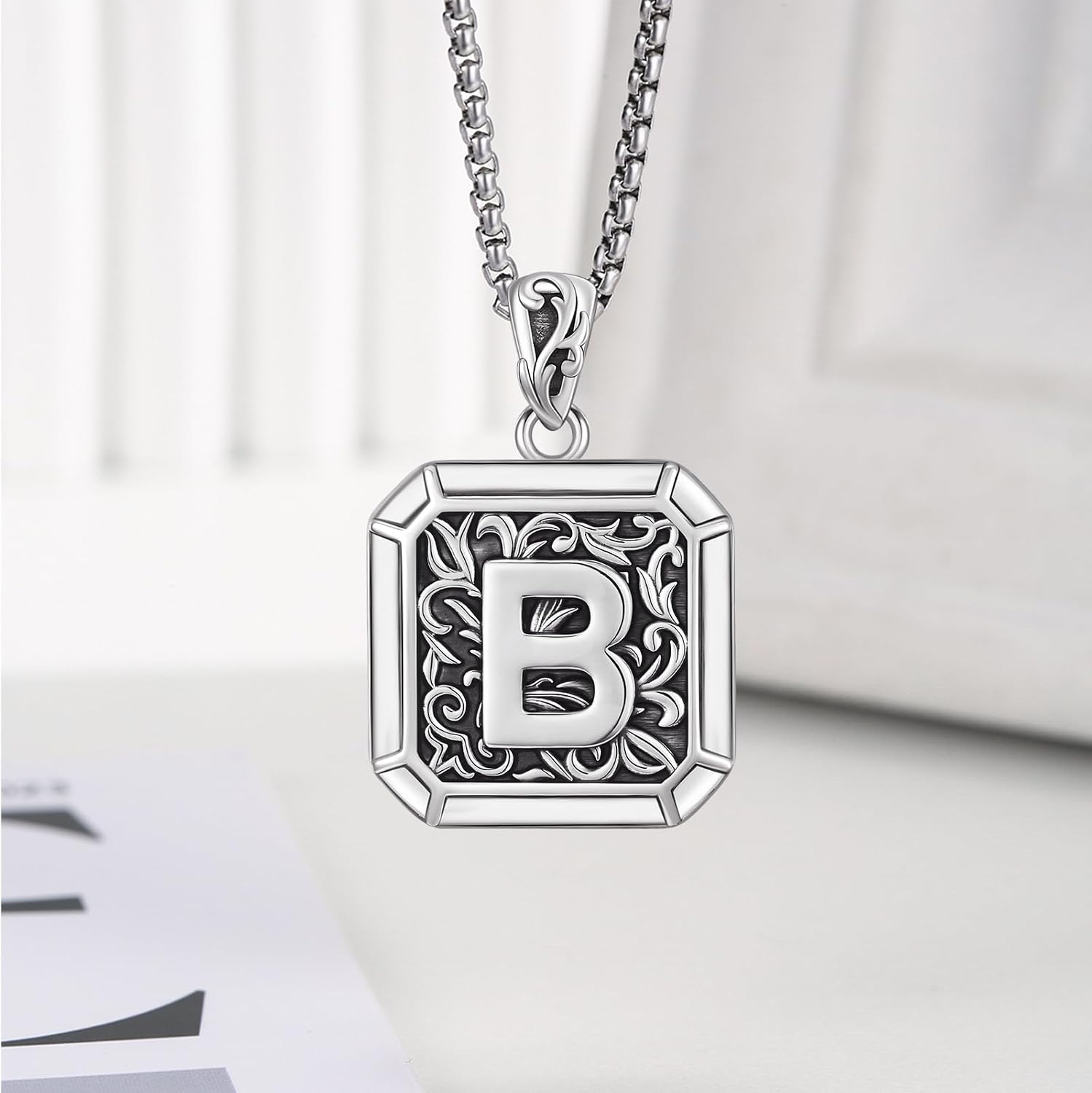 Sterling Silver Large Initial Letter Pendant Necklace With 22" Chain | Classic,Daily,Birthday, Graduation,Retro,Hypoallergenic,Square,Exquisite,Non-fading