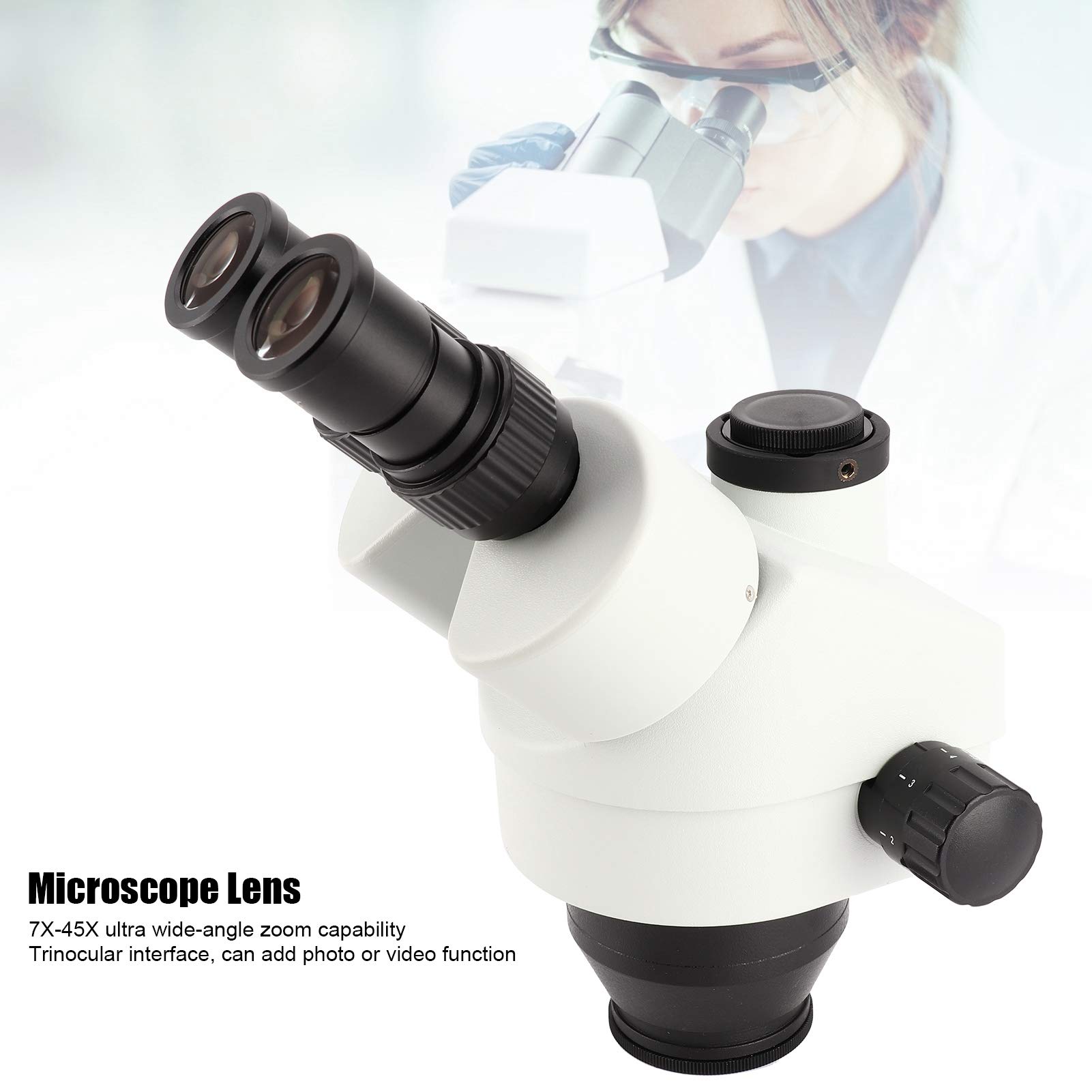 Wakects Lente de Microscopio Trinocular 7X 45X Conjunto de Ocular de Microscopio Estéreo de Vidrio WF10X 20 0.7 4.5X Zoom Cabezal Giratorio de 360 ​​​​Grados para Uso en Fotografía de Inspección de