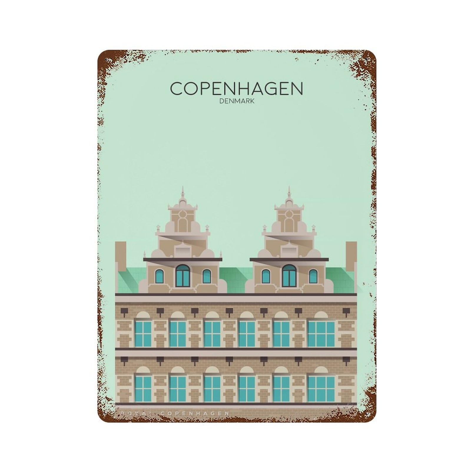 Copenhagen Travel Snippet Rusty Metal Tin Sign 15.7"x11.8", for Patio, Garden Room And Bar Decor, Old School Wall Decor