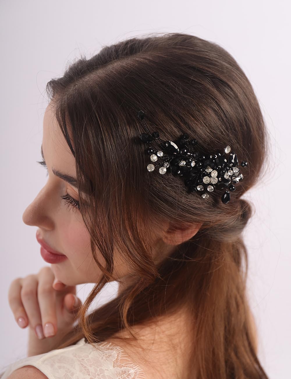Teyglen Bridal Rhinestone Hair Clip Black Pearl Crystal Hair Barrette Sparkly Hair Piece Wedding Hair Clips Hair Accessories Jewelry for Women (Black) - Image 2