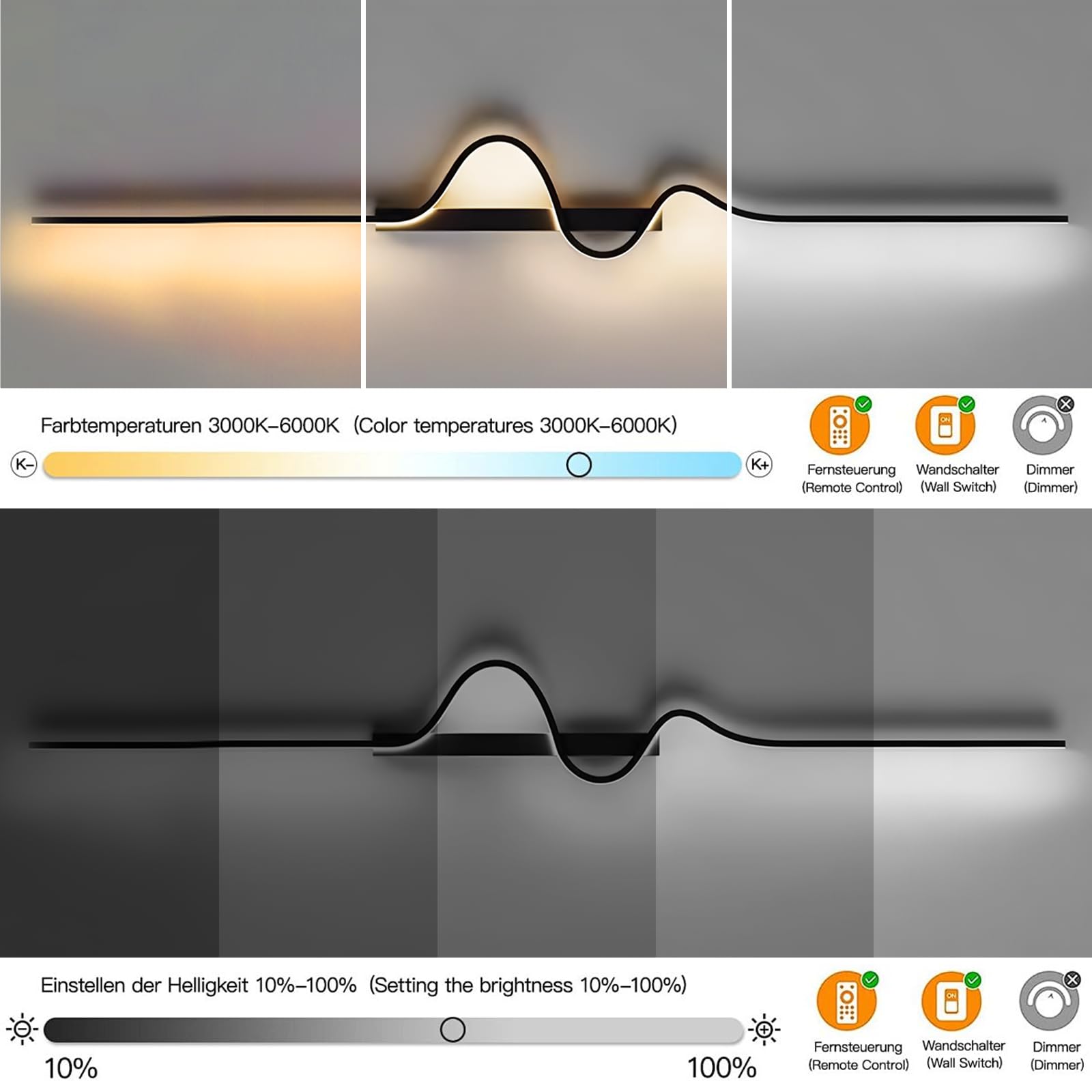 LED Wandlampe innen 16W 2000LM Wandleuchte Innen Dimmbare,100CM Wandleuchten mit Fernbedienung,Wandbeleuchtung schwarz für Schlafzimmer Korridor Wohnzimmer Treppe Kinderzimmer Büro Küche