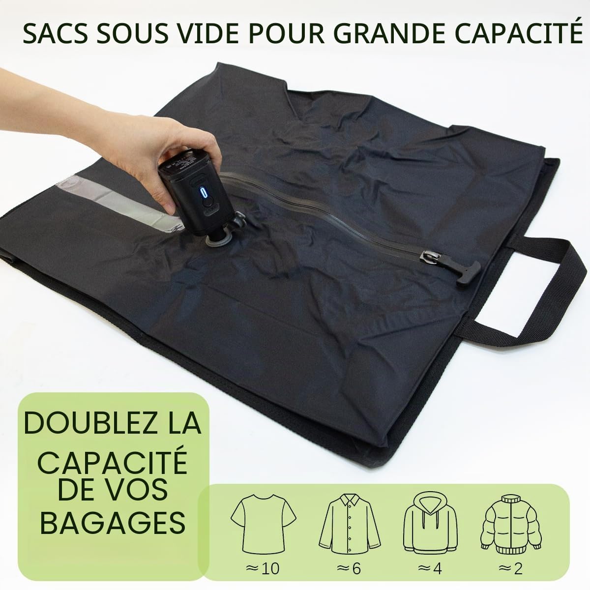 Sac Compression Voyage avec Pompe Sans Fil, Sac Sous Vide Vetement Aspirateur Réutilisable, Sacs Sous Vide Pour VêtementsSac Rangement Vetement de Voyage, Literie, Déménagement, (Lot de 2 + Pompe)