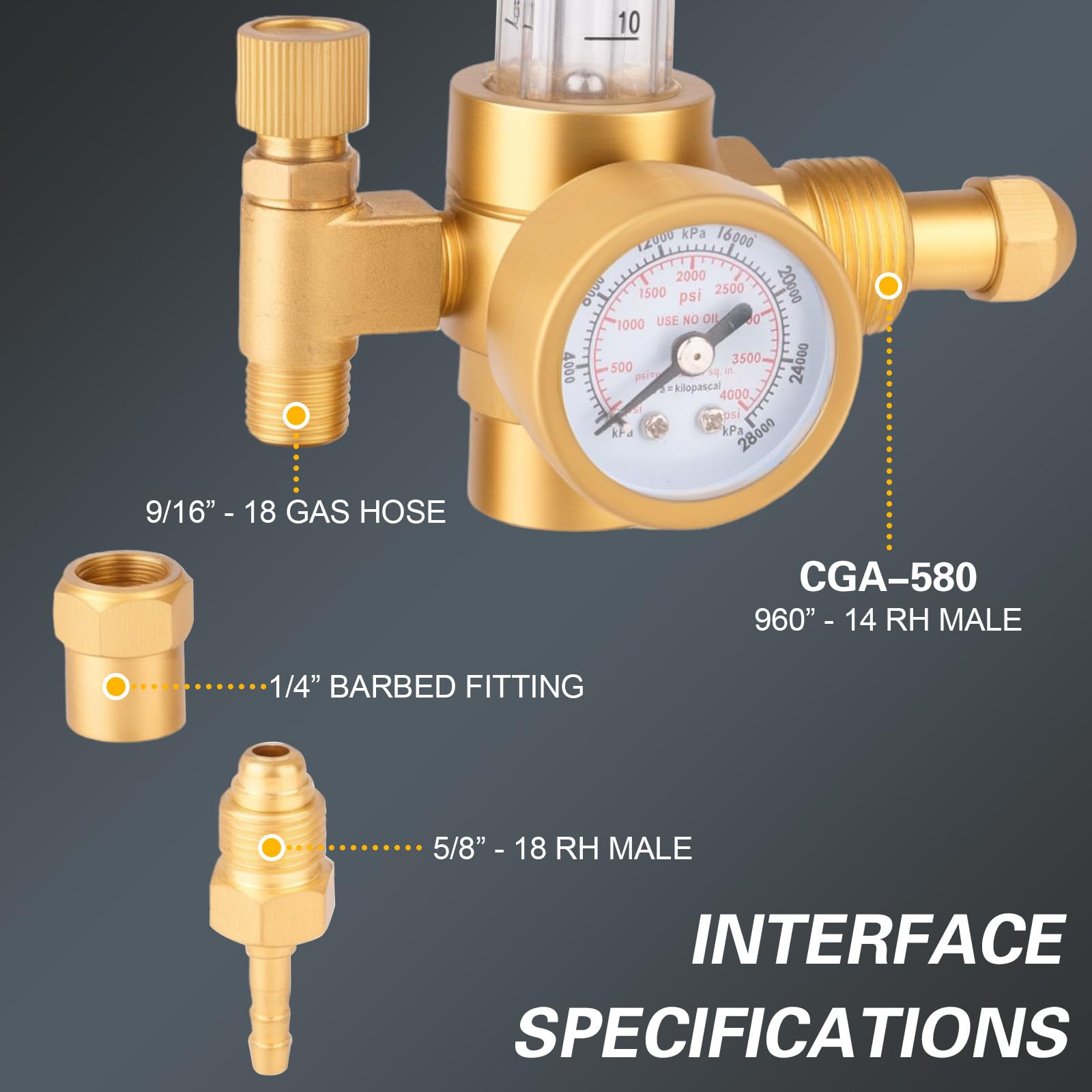 Regulator argonu CO2 z wlotem CGA-580, regulator ciśnienia gazu 0-4000 PSI do spawarek TIG MIG, wysoka precyzja przepływu do spawania argonem