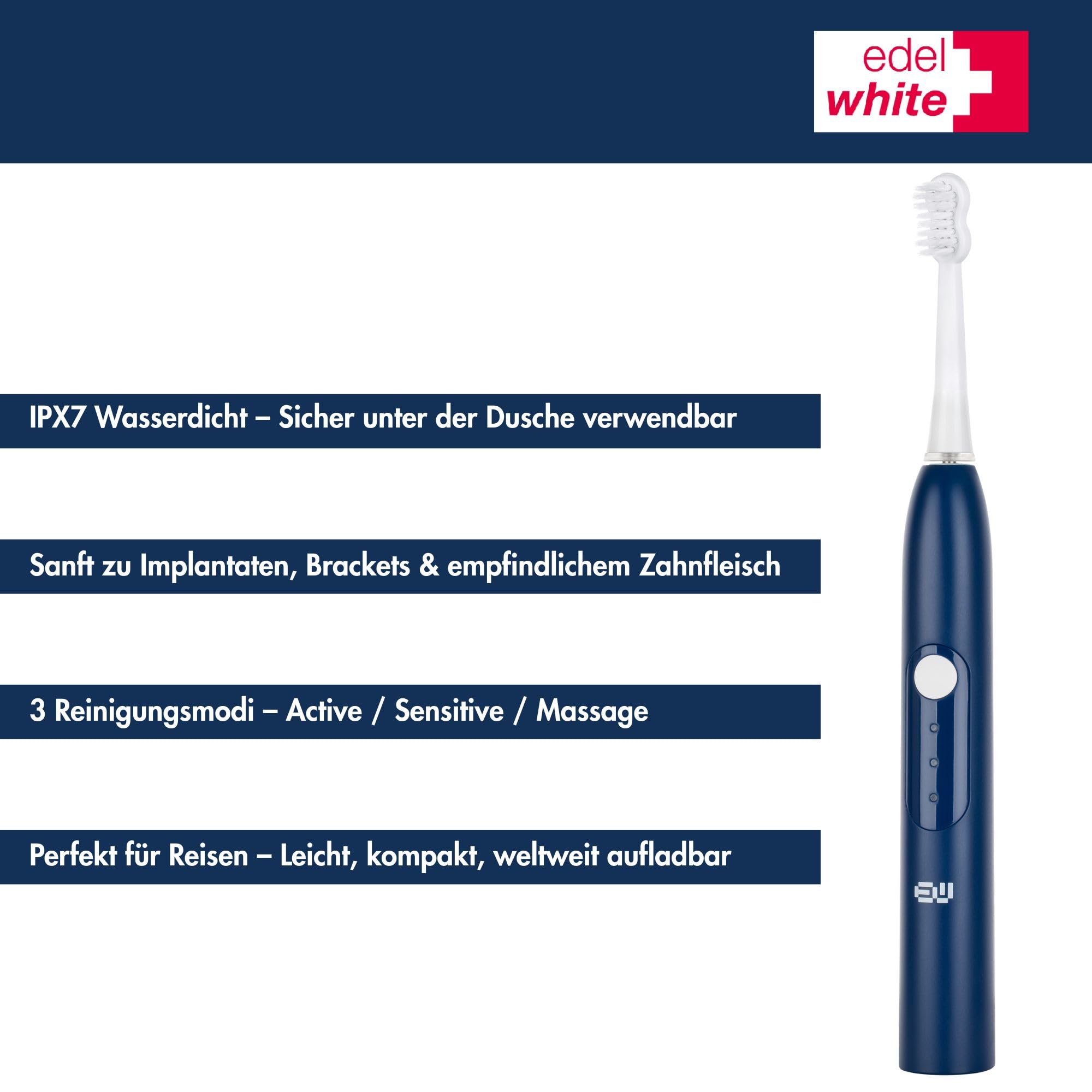 edel + white swiss - EW‑SG9 Viva Sonic - Brosse à dents suisse hydrodynamique avec 3 têtes de brosse professionnelles, charge directe USB C et mode massage - Compact et puissante - Bleu